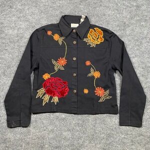 Tropico Womens Black Cotton Floral Embroidered Velvet Rose Button Front Jacket M